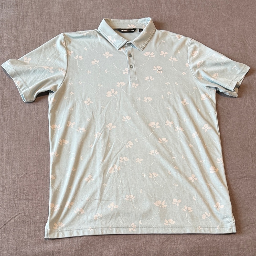 Travis Mathew Light Gray-Blue Polo with Pink Floral Pattern